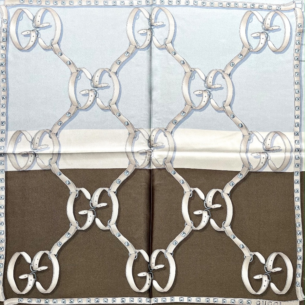 Gucci Logo Chains Color-Block Brown Blue GG Silk Scarf